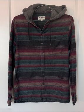 Billabong Hooded Striped Button-Up - Teal & Burgundy size M